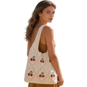 Cherry jacquard knit tote bag wholesale cream pink lavender khaki